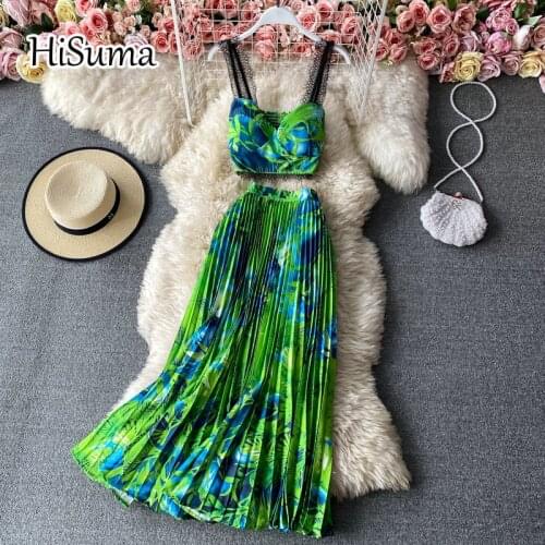 2021 spring new female strap print lace Camisole tube top + high waist chiffon pleated skirt two-piece sets women beach suits