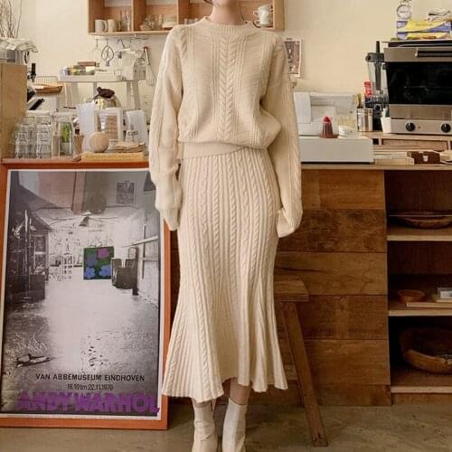 High Quality Fall Winter Korean Fashion Knitted 2 Piece Set Women Sweater Pullover + Mermaid Skirts Sets Casual Two Piece Suits