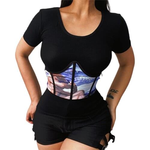 Womens Bustier Crop Tops Belt Cummerbunds Strap Vintage Printed Elastic Waist Cinch Belt Boned Corsets For Ladies Girls