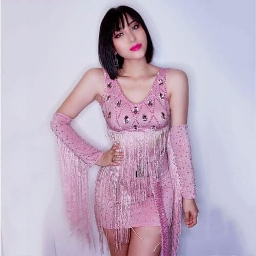 2020 Pink Rhinestone Dress V-Neck Tassel Short Dress Womens Dance Costume Nightclub Bar Gogo Stage Costumes Rave Clothes DQS5448