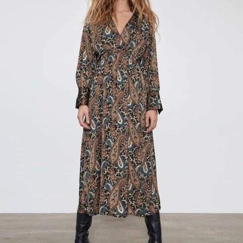 Hot sale ladies vogue temperament floral print dress long sleeve V-neck long dress ethnic style vintage holiday dress