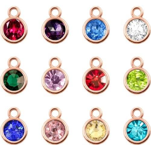 12pcs Round Rose Gold Color Birthstone DIY Birthday Stones 12 Months Alloy Size 7*10mm Charms Pendants