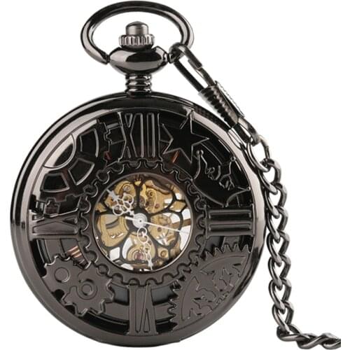 2018 New Arrival Black Hollow Flower Gear Roman Number Mechanical Hand Winding Pocket Watches Fob Watch Gift for Women Relogio