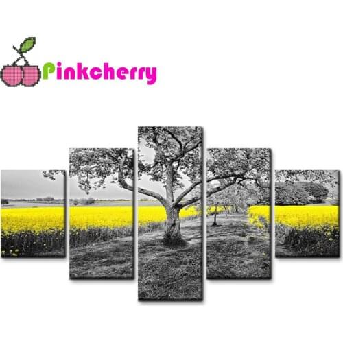 5 Piece Diamond embroidery black and white tree DIY Cross Stitch Full drilling Embroidery yellow Canola flower k1681