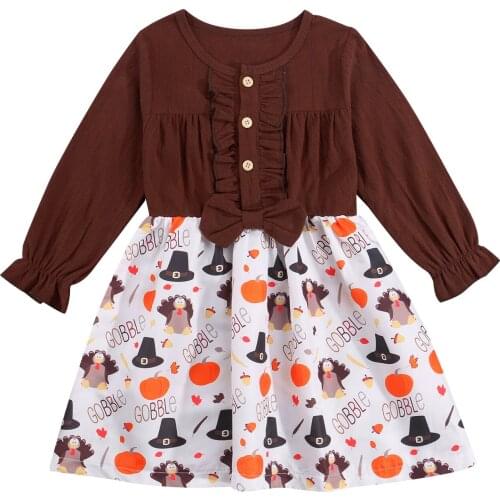 Baby Thanksgiving Long Sleeve Dress with Cartoon Pattern Bow Decoration Ruffle Buttoned Clothing