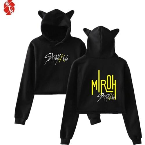 Stray Kids Kpop Cat Cropped Hoodies Women Fashion Long Sleeve Hooded Pullover Crop Tops 2019 Hot Sale Trendy Streetwear Clothes