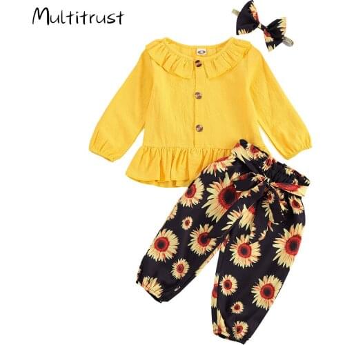 Toddler Girl Clothes Baby Suit Set 3pcs Solid Color Round Neck Long Sleeve Ruffles Top+ Sunflower Print Trousers+ Headband