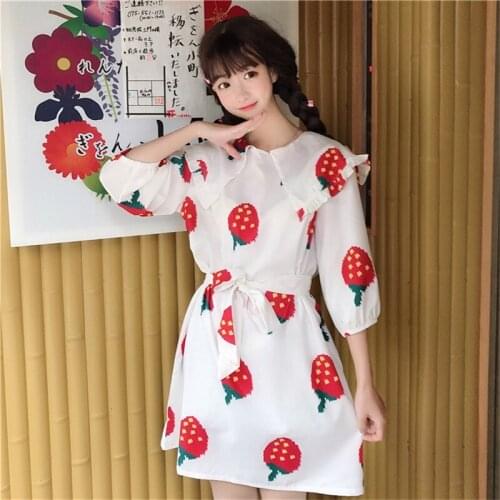 Sweet Japanese Soft Girl Lolita Dress Kawaii Peter Pan Collar Strawberry Print Puff Sleeve Dress Cute Harajuku Retro Lady Dress