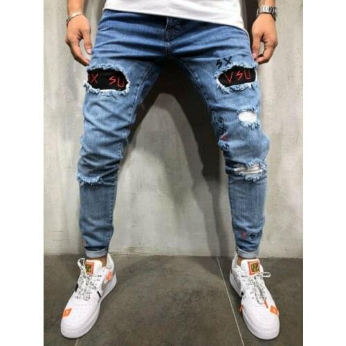 Fashion Mens Ripped Skinny Jeans Destroyed Frayed Slim Fit Denim Pants Trousers