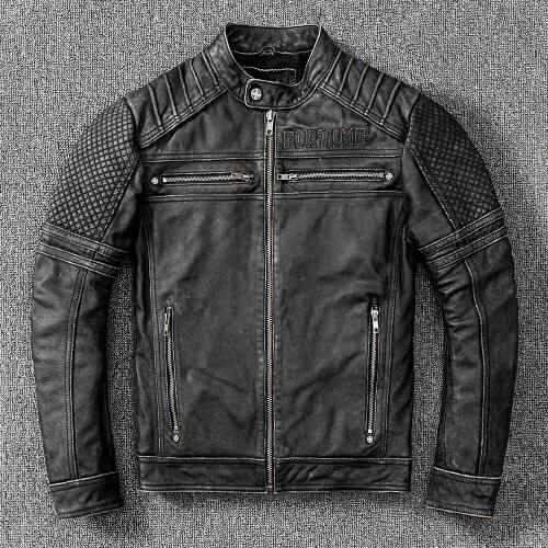 2021 Vintage Black Motorcycle Style Stand Collar Genuine Leather Jacket Men Plus Size 4XL Real Natural Cowhide Spring Coat