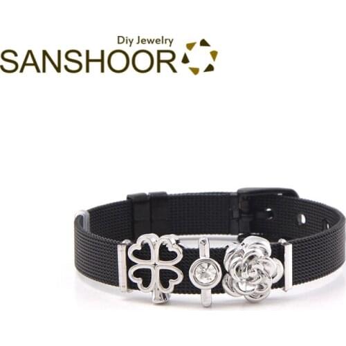 SANSHOOR DIY Fashion Jewelry Mesh Keeper Bracelet Slide Charms Four Leaf Clover Bezel Solitare Woman Accessories Design 1 Set