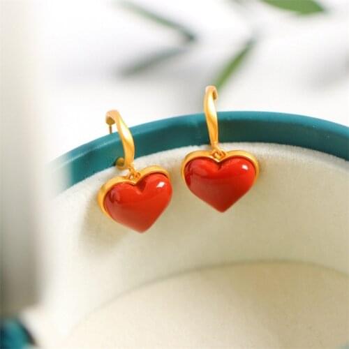 Antique Gold Color Earrings Vintage Fashion Red Agate Dangle Earrings Female Love Heart Drop Earrings For Women Wedding Jewelry