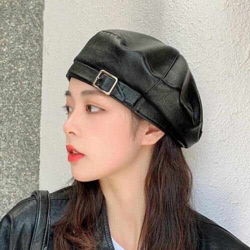 Outdoor Beret Women All-match Fashion Hat Autumn and Winter New Leather PU Beret Hat Cap