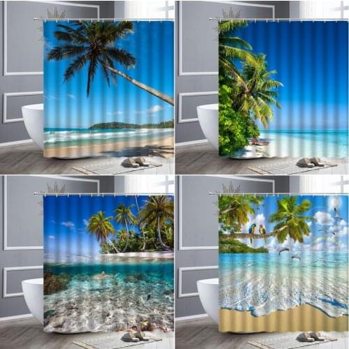 Waterproof Shower Curtain Set Blue Sky Parrot Tropical Plants Ocean Scenery Bathroom Decor Curtains Polyester Cloth Wall Screen