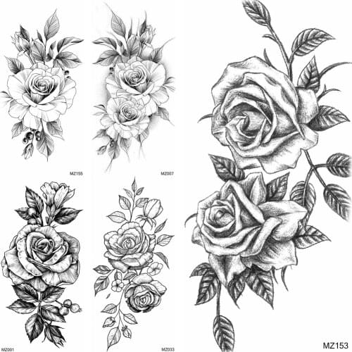 Pencil Sketch Flower Temporary Tattoos Sticker Waterproof Black Rose Tatoos Womens Fashion Body Art Arm Tatoos Decal For Adult