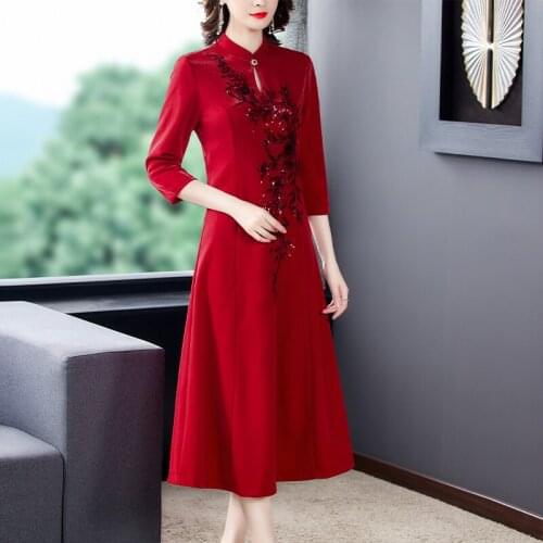 Spring High Quality Red Floral Embroidery feast Dress Vestidos Autumn Vintage 4XL Plus Size Elegant Bodycon Midi Party Dresses
