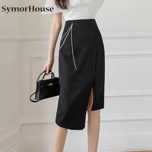 Women High Waist Pencil Skirts 2021 Fashion Knee Length Black Office Skirt High Waist Korean Clothing Bodycon Blue Split Skirt