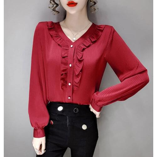 Ladies Spring Summer Shirts Casual Korean Style Long Sleeve Temperament Blouses V-Neck Ruffle Chiffon Tops Blusas MM0494