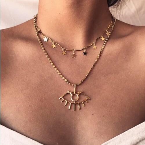 IF ME Boho Multi Layered Pendant Necklace For Women Vintage Gold Star Eyes Chain Necklaces Fashion Jewelry Collar Choker New