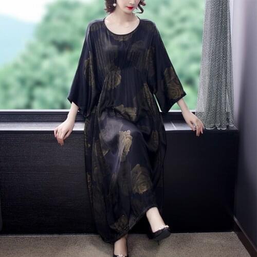 Spring Batwing Sleeve Vintage Loose Dress Autumn Korean Floral Mulberry Silk Casual Beach Dress 2021 Elegant Print Party Vestido