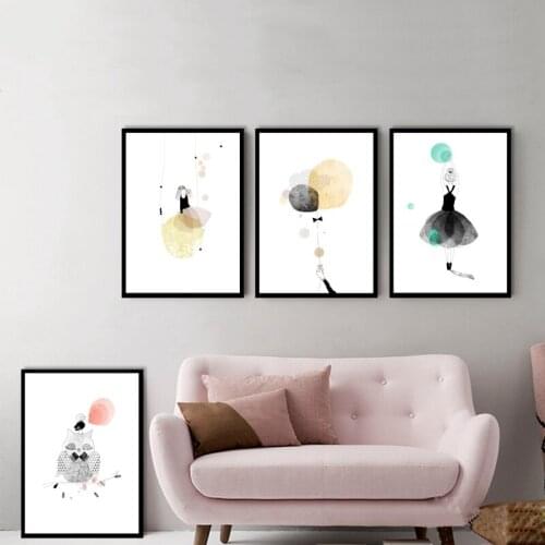 Nordic Style Watercolor ballerine Girl Canvas Art Prints and Poster , Cartoon Girl illustration Canvas Art Painting Wall Decor