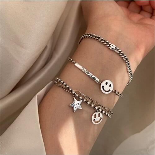 925 Sterling Silver Punk Star Bracelet for Women Vintage Handmade Round Bead Birthday Party Jewelry sl254