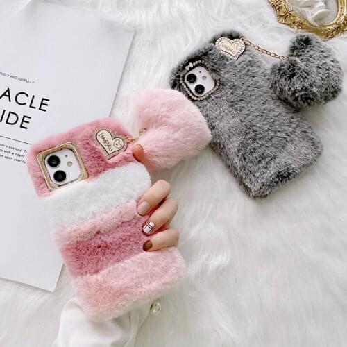 For iPhone 12 Mini 11 Pro Max SE 2020 X 10 6 6s 7 8 Plus XR XS Max Case Cute Love Heart Pendant Rabbit Hair Plush Fur Phone Case