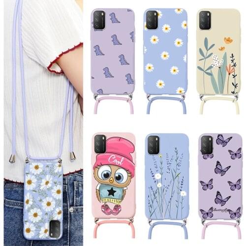For Xiaomi Poco M3 Pro Case Flower Soft TPU Cover For Pocophone M 3 PocoM3 Strap Cord Chain Necklace Lanyard Phone Case Funda