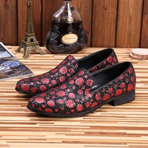 Christia Bella Man Fashion Real Leather Slip on Shoes Plus Size Red Dot Printing Male Party Shoes Mens Rhinestone Dress Shoes