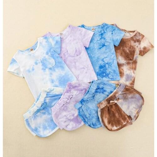 Children Kids Casual Clothes Suit Tie-dye Print Round Neck Short Sleeve T-shirt Elastic Waist Bow Loose Shorts Childrens Sets