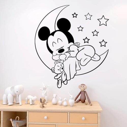 Disney Mickey Moon Stars Vinyl Wall Decal Good Sleeping Wall Stickers For Kids Baby Room Decor Nursery Bedroom Wall Mural