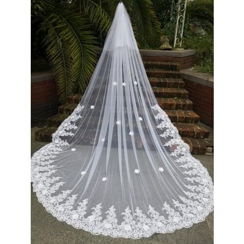 Two-Layer Elegant Lace Wedding Veil with Flowers 4 Meters Long Bridal Veils with Comb