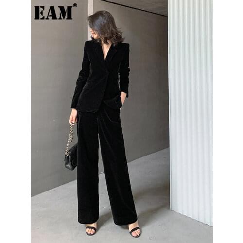 [EAM] Wide Leg Pants Black Velvet Two Piece Suit New Lapel Long Sleeve Loose Fit Women Fashion Tide Spring Autumn 2021 1Z576