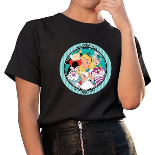 Alice in Wonderland Cheshire Cat White Rabbit Red Queen Mad Hatter Funny Harajuku Black T shirt Women Female Clothing Kawaii Top