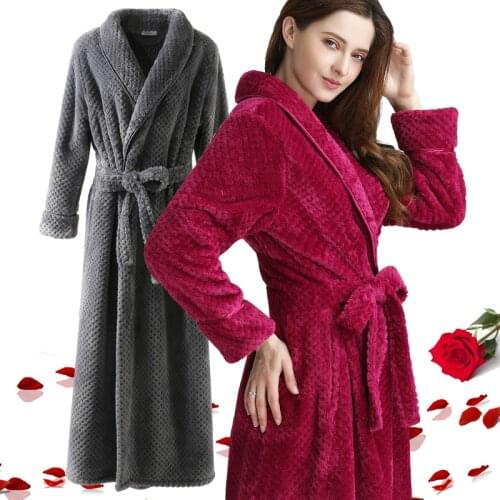Extra Long Dobby Coral Fleece Bathrobe Women Men Flannel Winter Warm Kimono Bath Robe Femme Lingerie Bridesmaid Dressing Gown