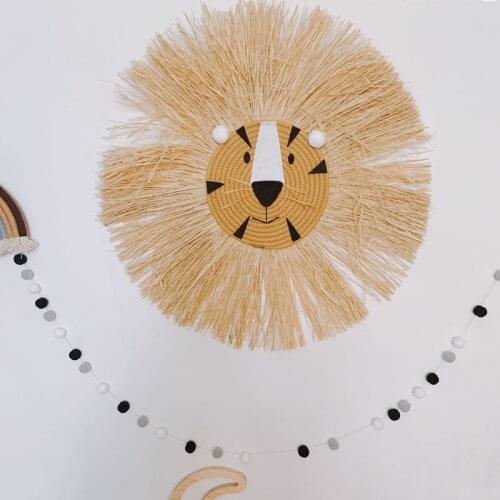 INS Nordic Hand Woven Straw Lion Tiger Hanging Decor Cartoon Animals Head Wall Ornaments Childrens Room Decoration Photo Props