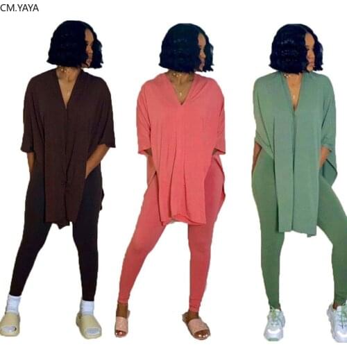 CM.YAYA Women solid v-neck side split maxi tee tops legging jogger pants suit sport two piece set tracksuit matching set outfit