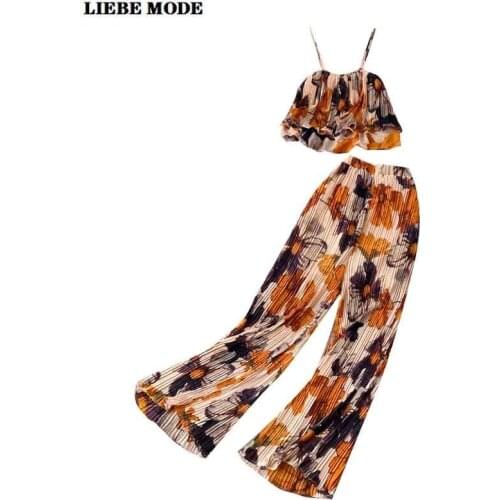 Summer Top Pants Set Clothes for Women 2021 Chiffon 2 Piece Beach Vacation Ladies Crop Top and Loose Wide Leg Pleated Trousers
