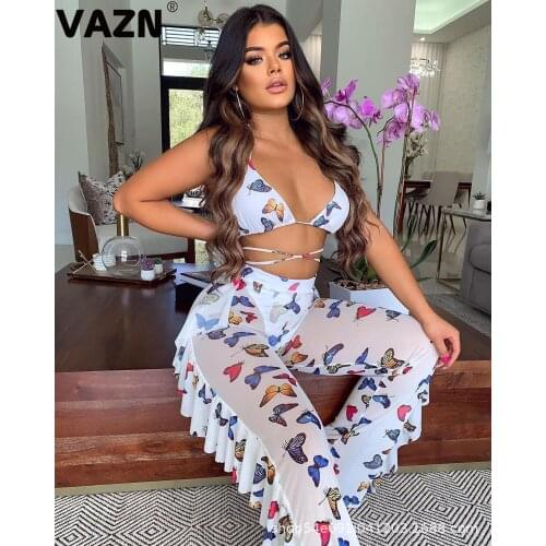 VAZN 2020 Summer New See Through Lace Open Beach Hollow Out Fashion 2 Piece Bikini Top Group Long Pants Slim Women 3 Piece Set