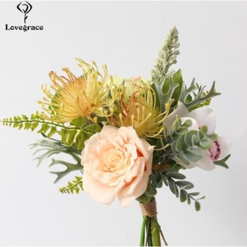 Lovegrace Rose Bouquet Champagne Flower Forest Style Bride Bouquet Artificial Silk Orchid Hydrangea Leucospermum Wedding Flowers