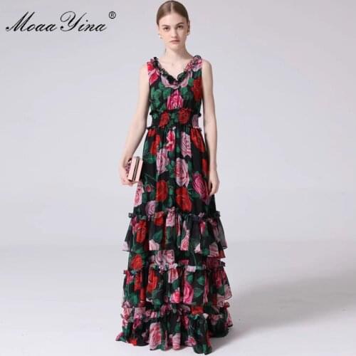 MoaaYina Fashion Designer Runway Dress Summer Womens V-neck Rose Floral-Print Ruffles Elastic waist Vacation Maxi Dresses