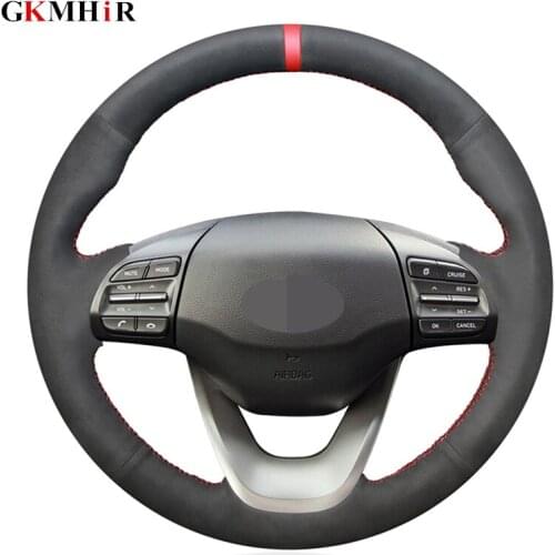 Soft Comfortable Anti-Slip Black Suede Hand Sew Wrap Car Steering Wheel Cover for Hyundai Kona 2017 2018 2019