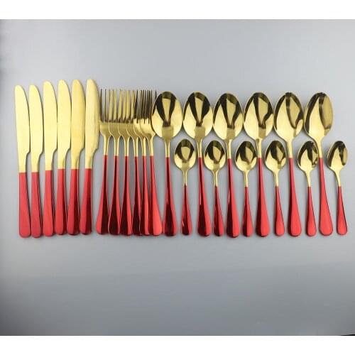 24pcs Red Gold Dinnerware Set 304 Stainless Steel Cutlery Knife Fork Spoon Tableware Set Kitchen Dinner Flatware Gift Box Set