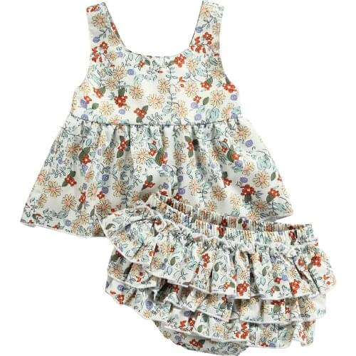 2021 Cute New Baby Camisole + Shorts Small Floral Print Multi-layer Ruffle Decoration Sweet Style Summer Clothing