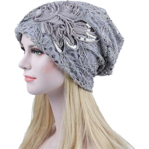 2021 New Hats For Women Lace Flower Slouchy Baggy Head Cap Chemo Beanie Cancer Hat Turban Hijab Femme Musulman Хиджаб