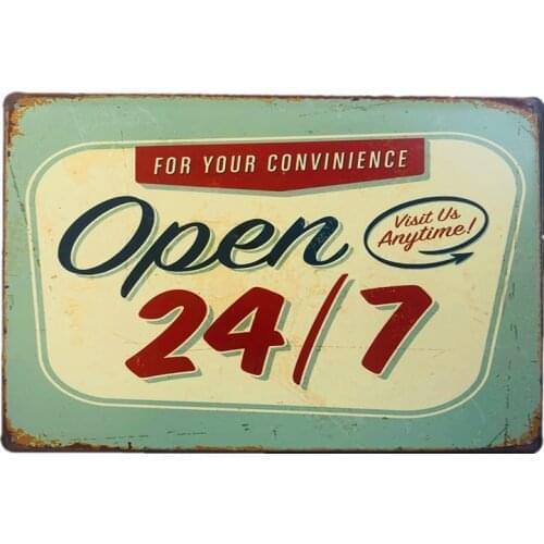 Open 24/7 Metal Tin Sign Bar Cafe Diner Garage Pub Home Wall Decor Retro Metal Art Poster