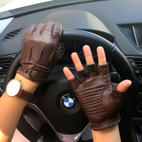 Man Half Finger Gloves NEW Summer Mens Goatskin Retro Motorcycle Leather Gloves Male Semi-Fingers Non-slip Driving Gloves