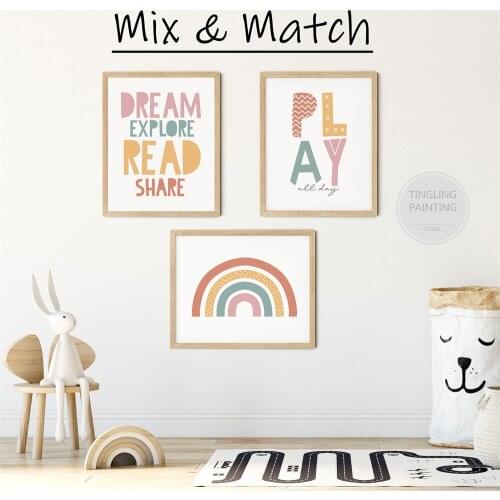 Active Colorful Rainbow Posters, Nursery School, Playroom, Girls Room Decoration, Pink and Yellow Wall Art Canvas Paintings