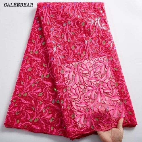 Latest Rose Red African Tulle Lace Fabric 2021 High Quality French Lace Fabric With Sequins Embroidered Nigerian Mesh Lace S2380