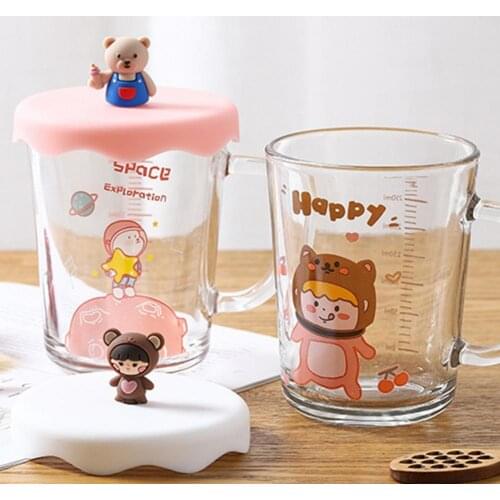 380ml ins Style Milk Cups w/Lid Girlss Cute Cartoon Bear Pattern Thicken Glass Water Cups 4 Types Clear Scale Coffee Drink Cup